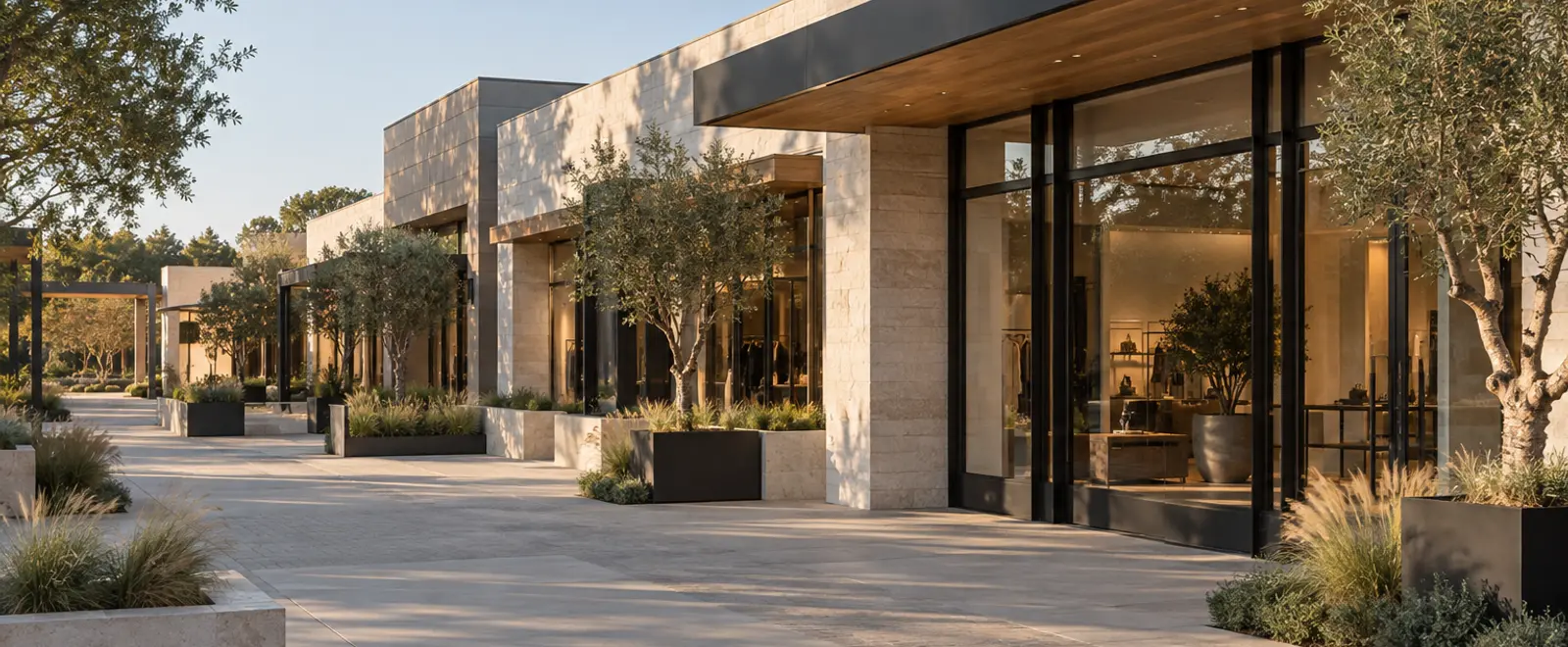 A sunlit row of storefronts with olive trees along a stone walkway